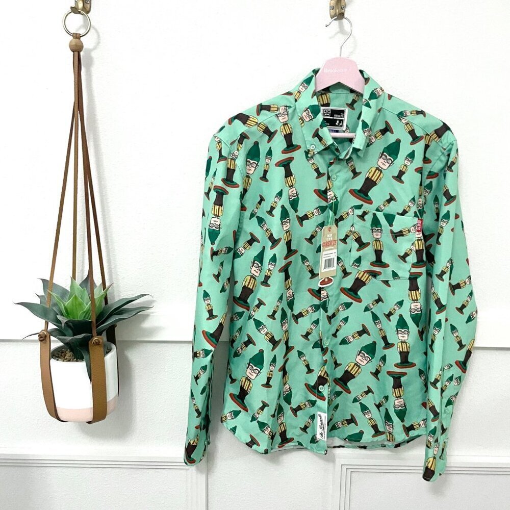 NWT RSVLTS The Office Dwight Elf Holiday Long Sleeve Button Front Top Size S